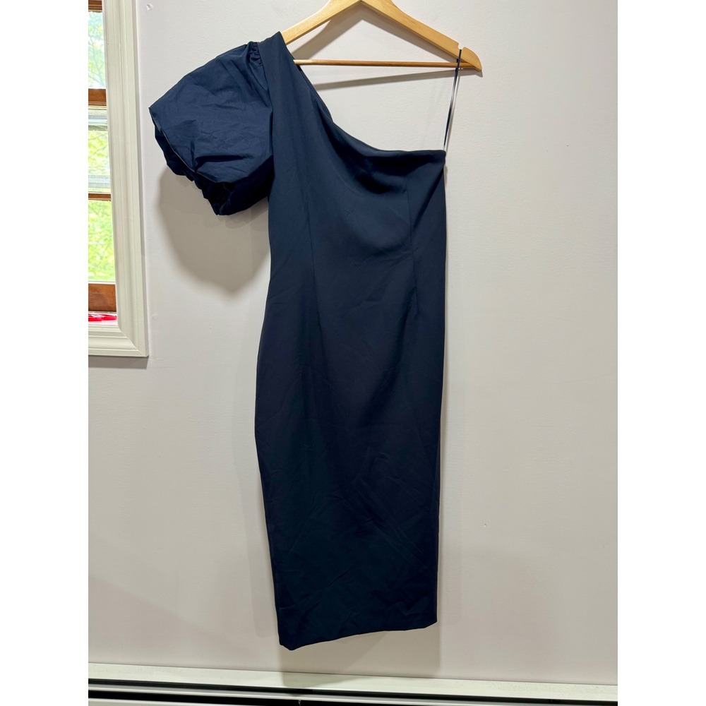 Lauren Ralph Lauren Navy One Shoulder Puff Sleeve Ruched Sheath Dress 10 - Picture 2 of 7